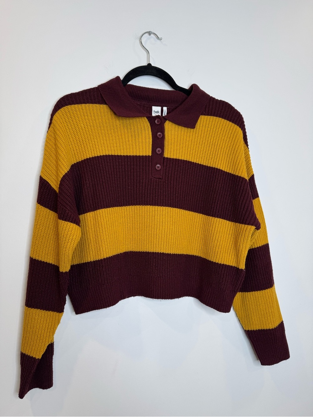 Simons Striped Cropped Polo Sweater in Mustard & Burgundy rugby sz medium